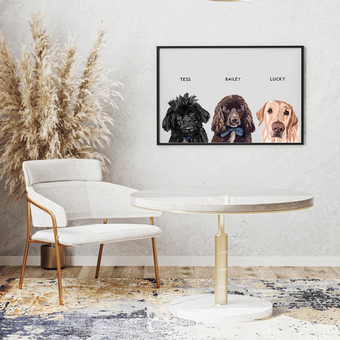 3 dogs custom pet portrait, hand-illustrated by Dogartco from your photo.