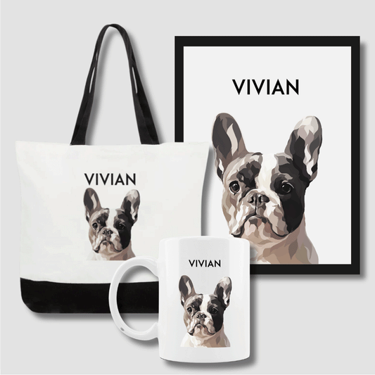 Custom pet portrait gift set including portrait, mug, and tote bag by Dogartco.