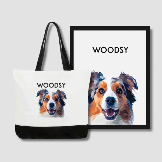 Custom pet portrait gift set including portrait and tote bag by Dogartco.
