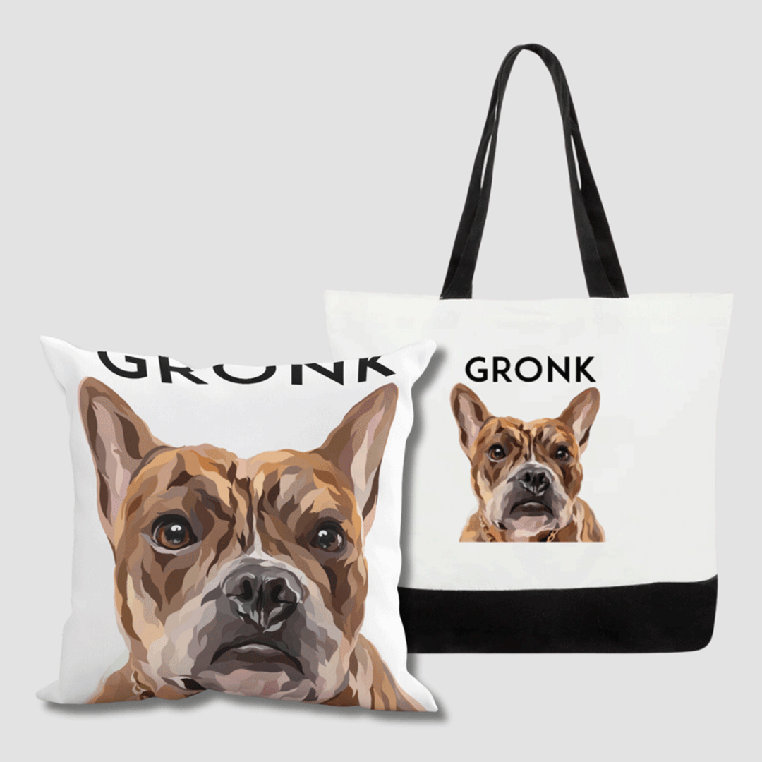 Personalized pet portrait with matching pillow and tote bag, handmade by Dogartco.