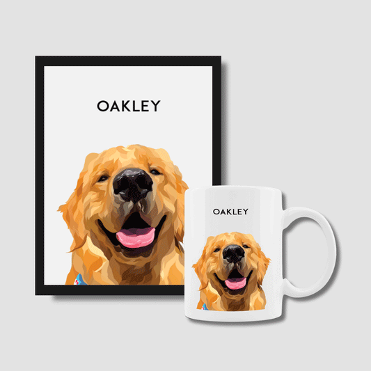 Personalized coffee mug with matching custom pet portrait by Dogartco.