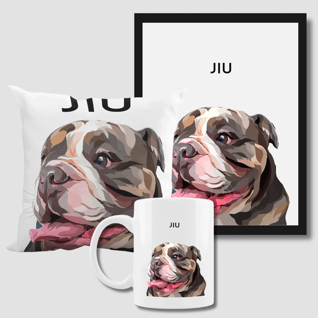 Personalized pet portrait with matching pillow and mug, handmade by Dogartco.