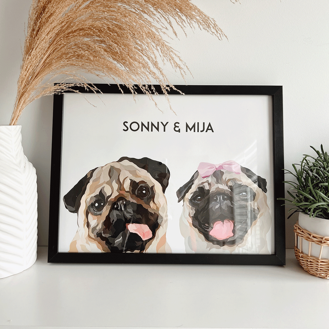 2 dogs custom pet portrait, hand-illustrated by Dogartco from your photo.