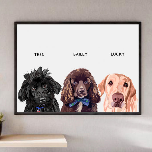 3 dogs custom pet portrait, hand-illustrated by Dogartco from your photo.