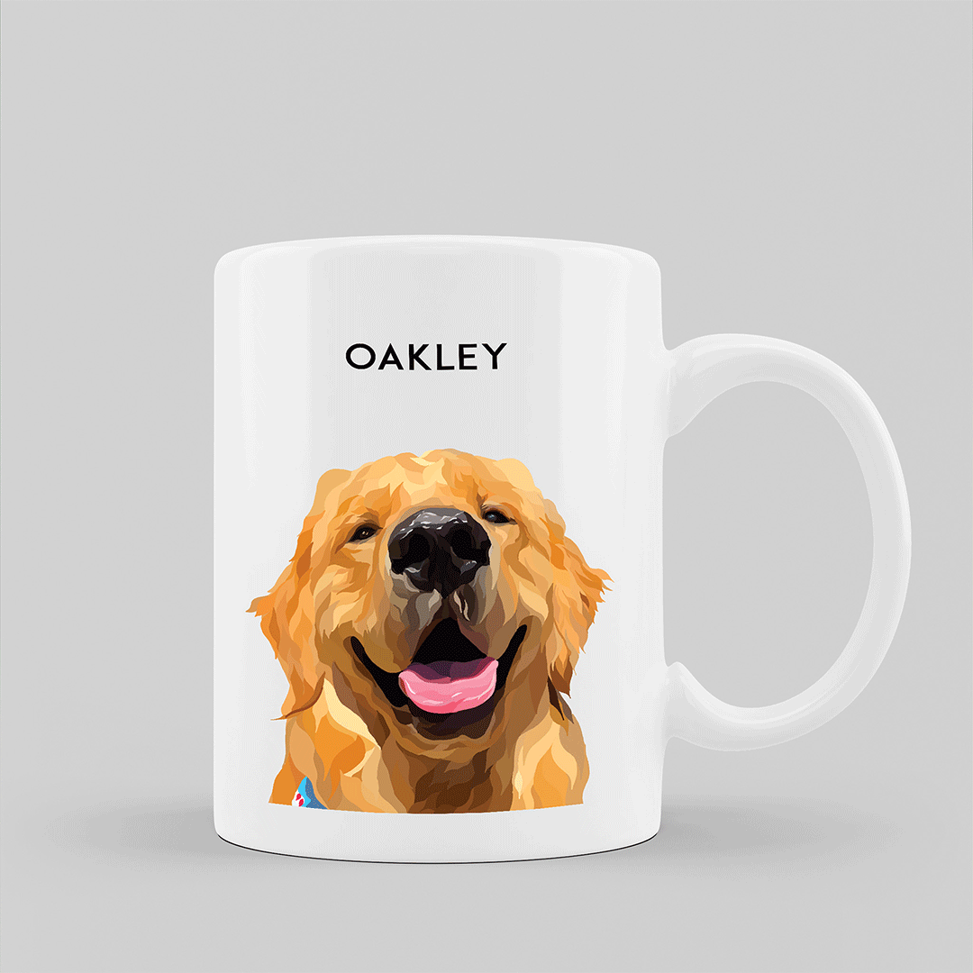 Personalized coffee mug featuring a custom pet portrait by Dogartco.