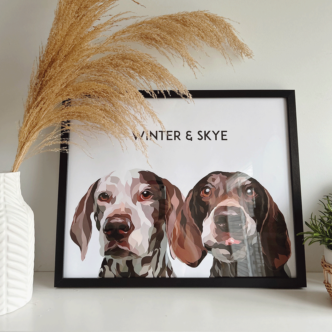 2 dogs custom pet portrait, hand-illustrated by Dogartco from your photo.