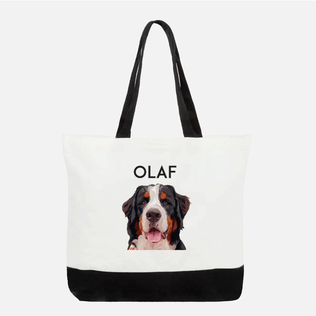 Personalized tote bags featuring custom pet portraits by Dogartco.