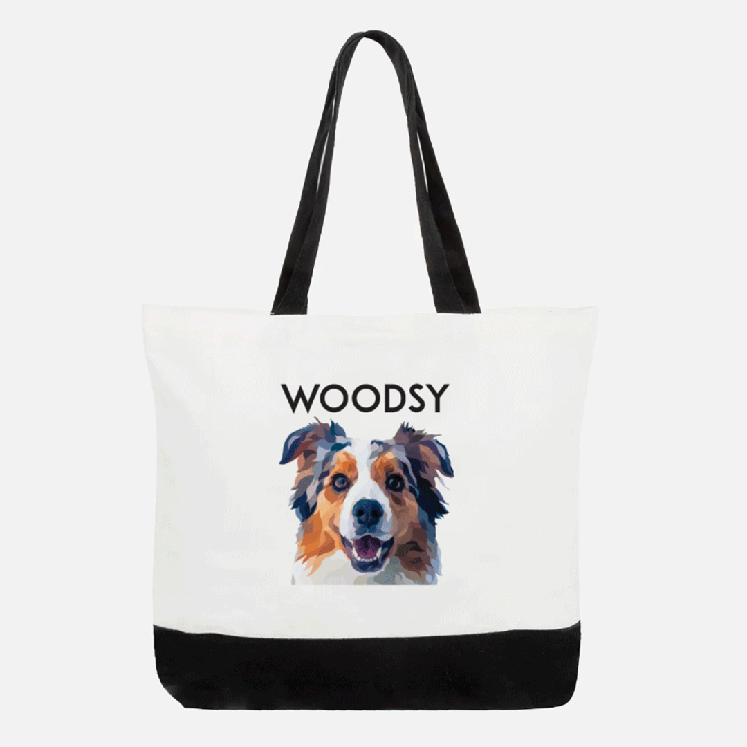 Personalized tote bags featuring custom pet portraits by Dogartco.