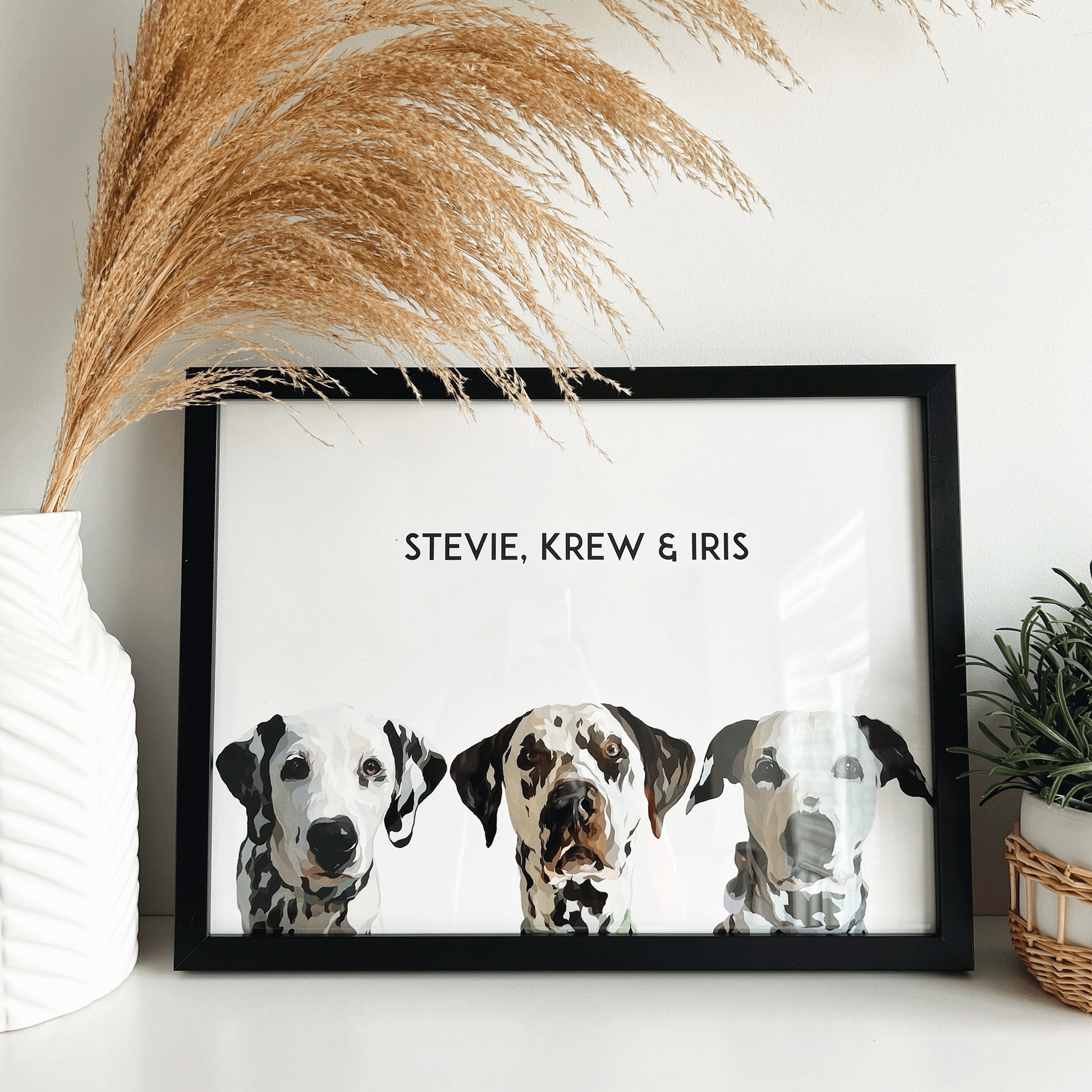3 dogs custom pet portrait, hand-illustrated by Dogartco from your photo.
