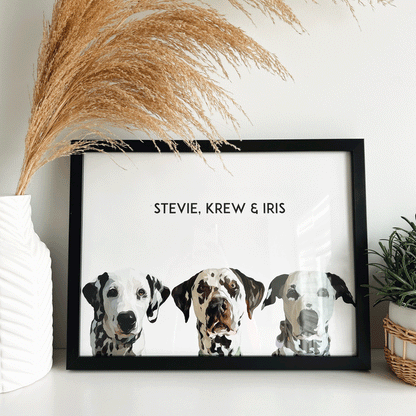 3 dogs custom pet portrait, hand-illustrated by Dogartco from your photo.