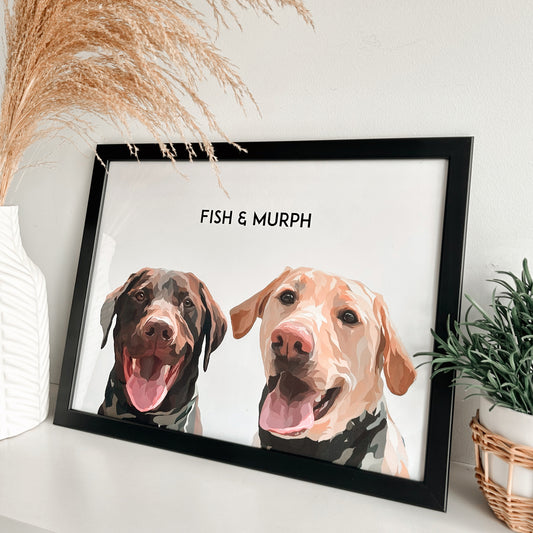 2 dogs custom pet portrait, hand-illustrated by Dogartco from your photo.